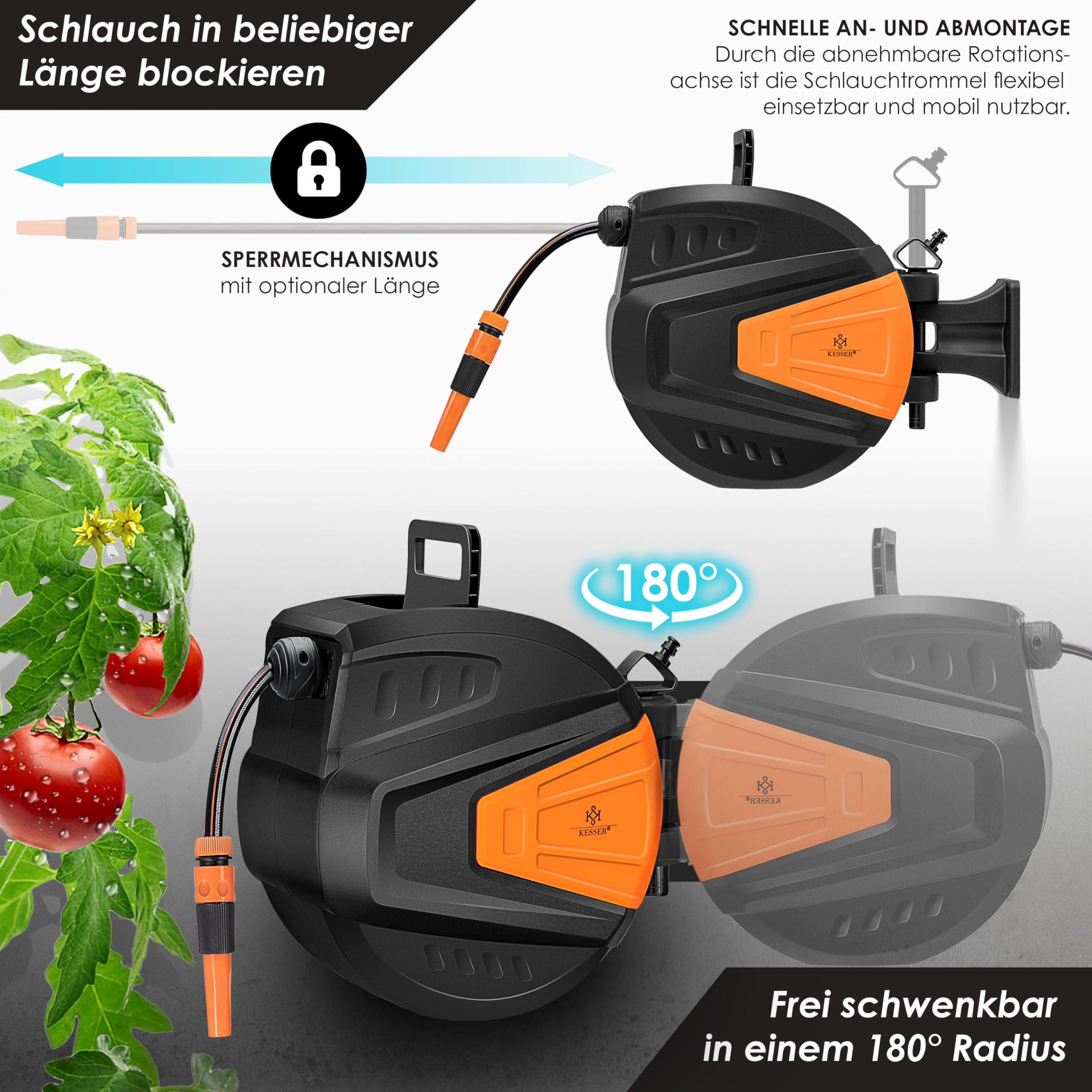 KESSER® automatische Schlauchtrommel 20 m + 2 m, Wand Schlauchbox mit Aufrollautomatik, Schlauchaufroller mit Gartenschlauch, 180° schwenkbar + Multi Handbrause mit 9 Modi, inkl. 2 Aufsätze, Orange 8