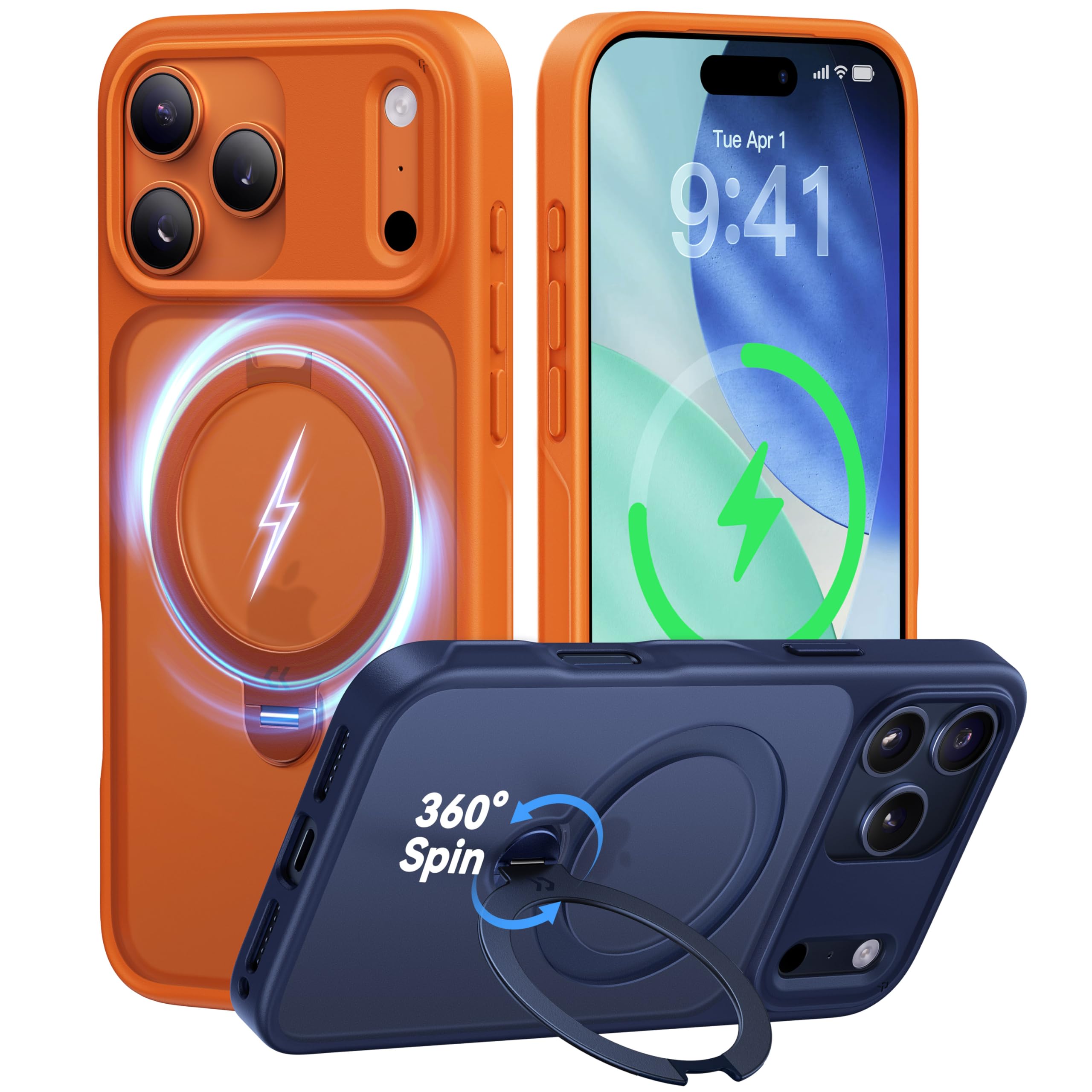 Photo 1 of CASEKOO Orange for 17 Pro Case with 360 Spin Magnetic Stand [Camera Protection] [18FT Military Grade Protection] [Fit for MagSafe] Ring Grip Slim Matte 17 Pro Case 6.3 Inch