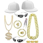 Maiteenly 15 Pcs Rapper Costume Set Hip Hop 80s for 2 Rapper Accessories 2000s 90s Outfit for Adults Sunglasses Faux Gold Rope Chain Bracelet Dollar Sign Chain Kanji Ring