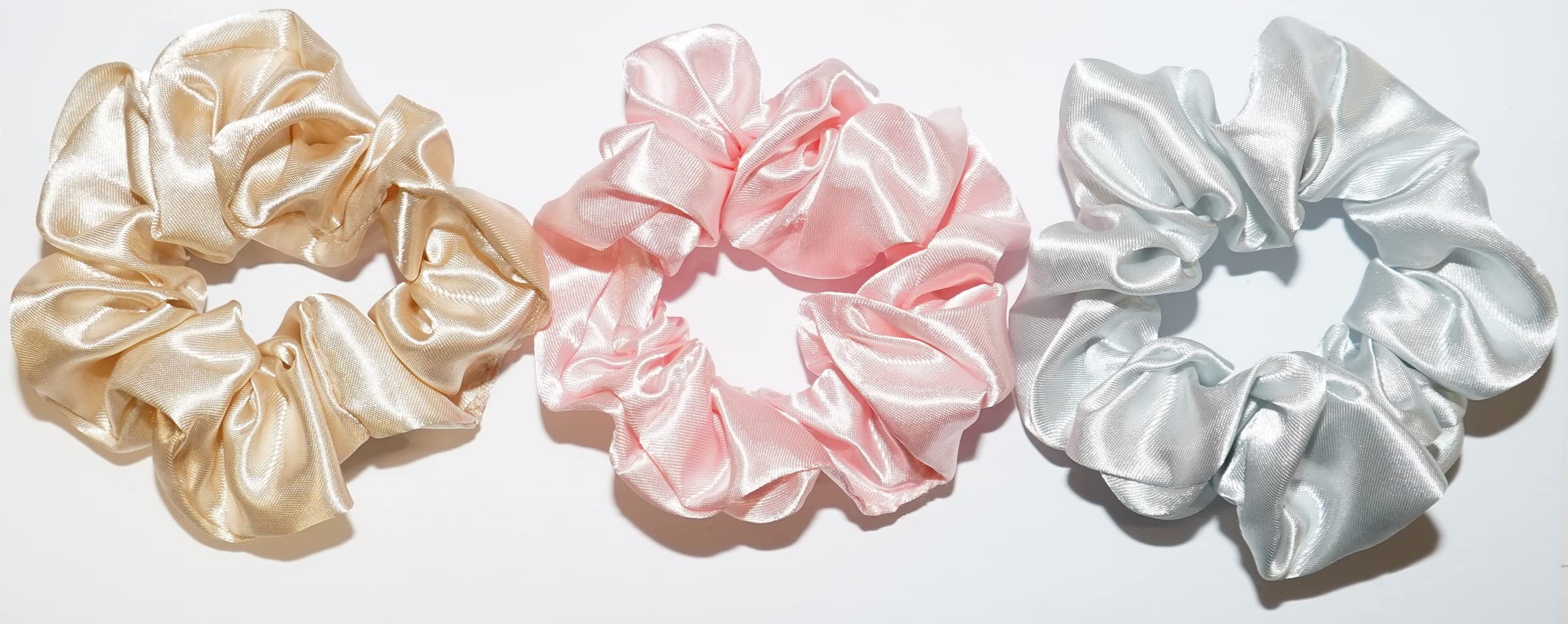 Crazy Bobble® Scrunchies 'Feels like Silk' Satin Scrunchy Ponytail Holders, Hair Ties For Women Girls (Pack of 3) (Cream, Silver Grey, Baby Pink)