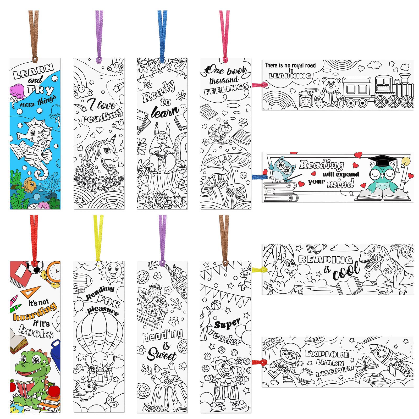 MWOOT 36 Pieces Color Your Own Paper Bookmarks, Double-sided DIY Coloring Book Markers with Ribbons, Inspirational Page Clips for Kids, Students, Classroom Rewards, Reading Supplies(12 Styles, 15x5CM)