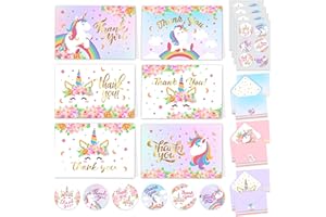 Decorably 24 Pack Gold-Foiled 6x4in Unicorn Thank You Cards for Kids with Envelopes and Stickers, 6 Whimsical Designs Kids Th