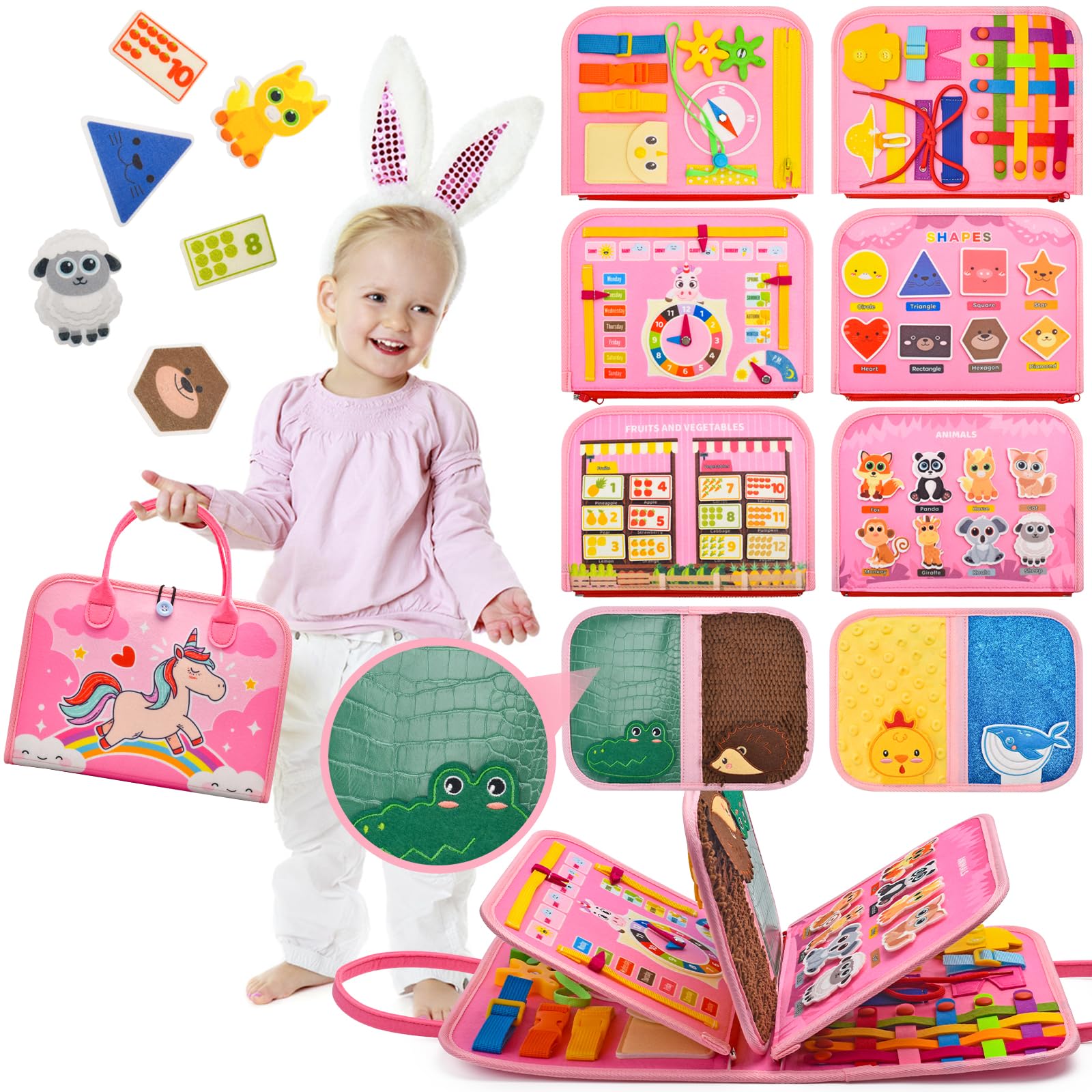 Photo 1 of Silouka Toddler Busy Board Montessori Toys, Sensory Board Busy Book, Busy Board for Toddlers 2-4, Preschool Learning Activities with Life, Unicorns Pink, 8 Pages and 2 Pages Sensory Mats