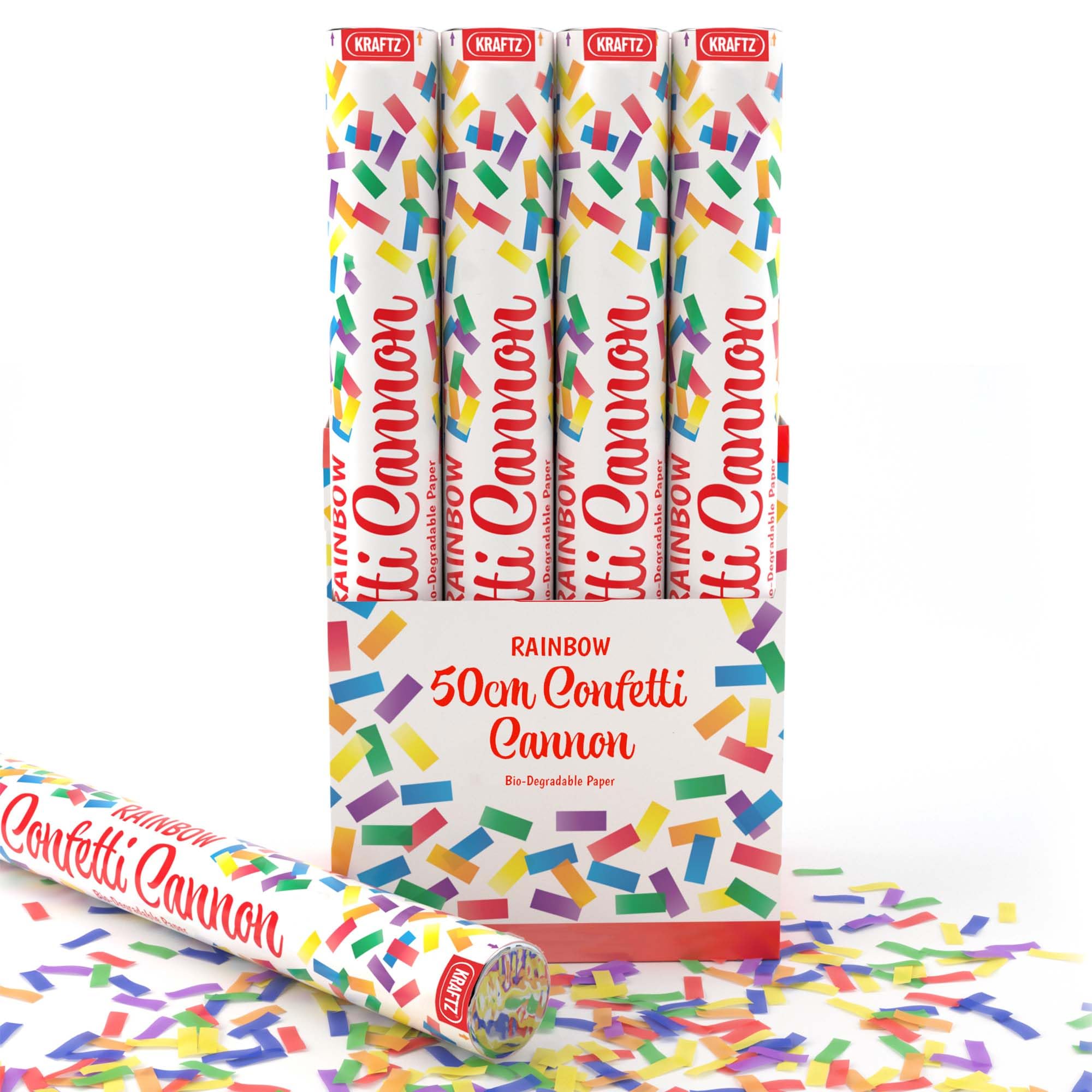 Kraftz Rainbow Coloured Eco Confetti Cannons | Eco Friendly Party Popper Cannon With Biodegradable Confetti | Giant Confetti Cannon Perfect For Weddings, Birthdays & All Other Occasions (50CM, 4)