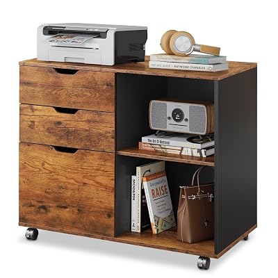 DEVAISE 3-Drawer Wood File Cabinet, Mobile Lateral Filing Cabinet, Printer Stand with Open Storage Shelves for Home Office, Rustic Brown