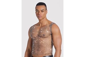 Rhinestone Mesh Top Men Fishnet Tank Top Sexy V-Neck Sleeveless Cropped Shirt Rave Sheer Vest
