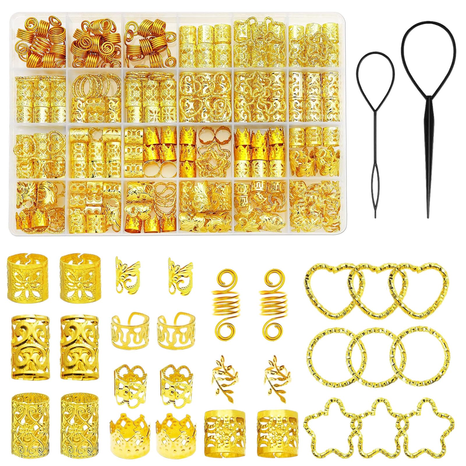 SacJkt Hair Jewellery for Braids, Hair Clips, 260pcs Hair Cuffs with Organiser Box, Adjustable Gold Hair Accessories for Girl Women Men Hair Braids Decoration, Party or Music Festivals