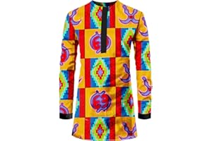 ATLYCOLOR African Mens Shirt Slim Fit Traditional Long Sleeve Dashiki Print Cotton Wax Cloth Top