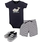 Hudson Baby Unisex Baby Cotton Bodysuit, Shorts and Shoe Set