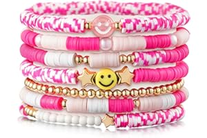LieToi Preppy Heishi Bracelets Set Colorful White Gold Smile Heart Star Evil Eye Beaded Polymer Clay Pearl Stackable Charm Y2K Kidcore Summer Beach Bohemian Layering Bracelets Jewelry for Women Girls Teens