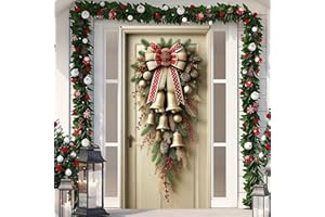 BlissYard Christmas Door Cover 71x35 Inch with Golden Bells and Red Bow Rustic Winter Door Banner for Front Porch, Indoor Outdoor Holiday Decoration, Christmas Door Hanging Cover, Farmhouse Entry Decor