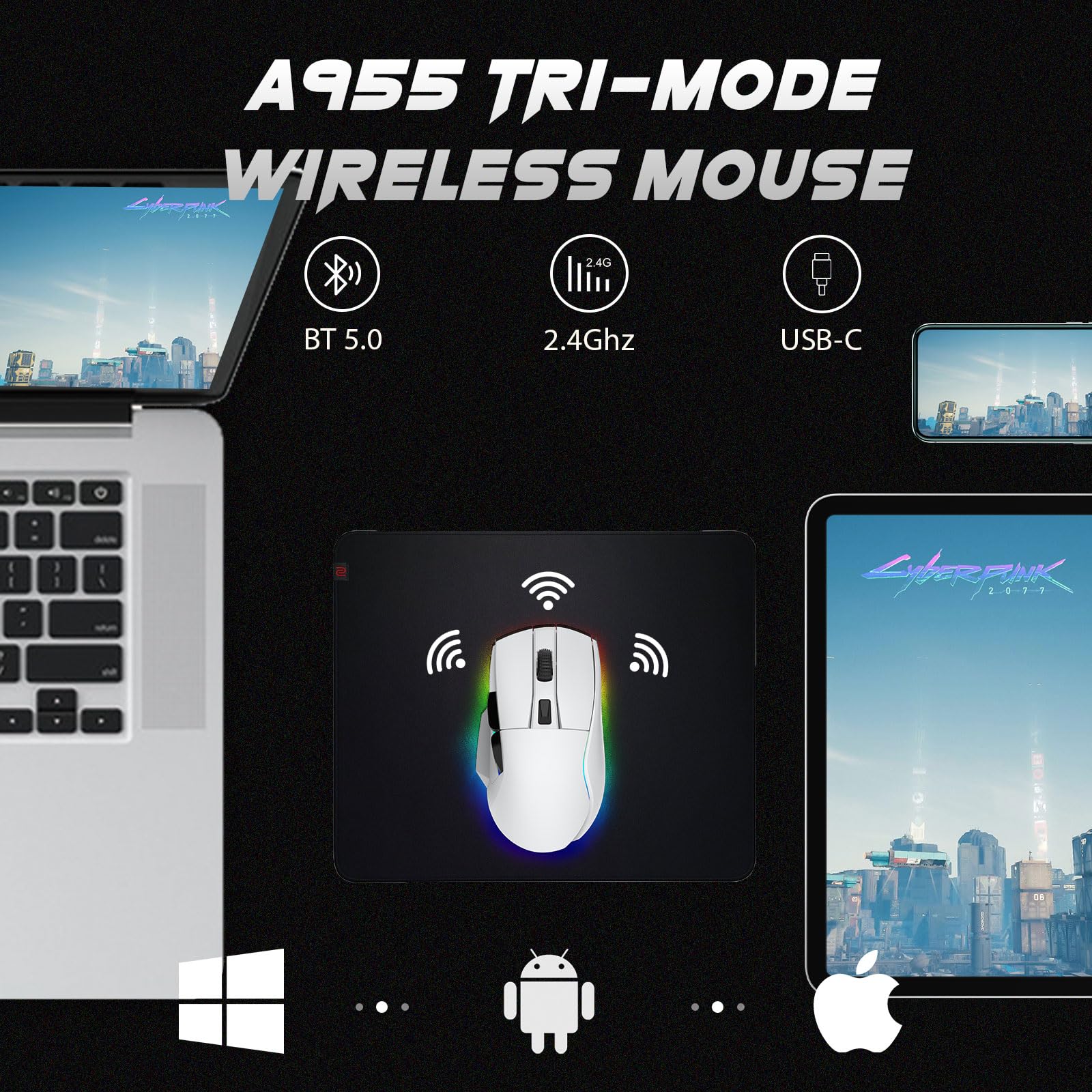 DAREU A955 Wireless Gaming Mouse with RGB Charging Dock: Tri-Mode 2.4G/USB-C/BT Mouse Up to 12K DPI Optical Sensor -KBS II Buttons Fully Programmable- 120 Hr Battery
