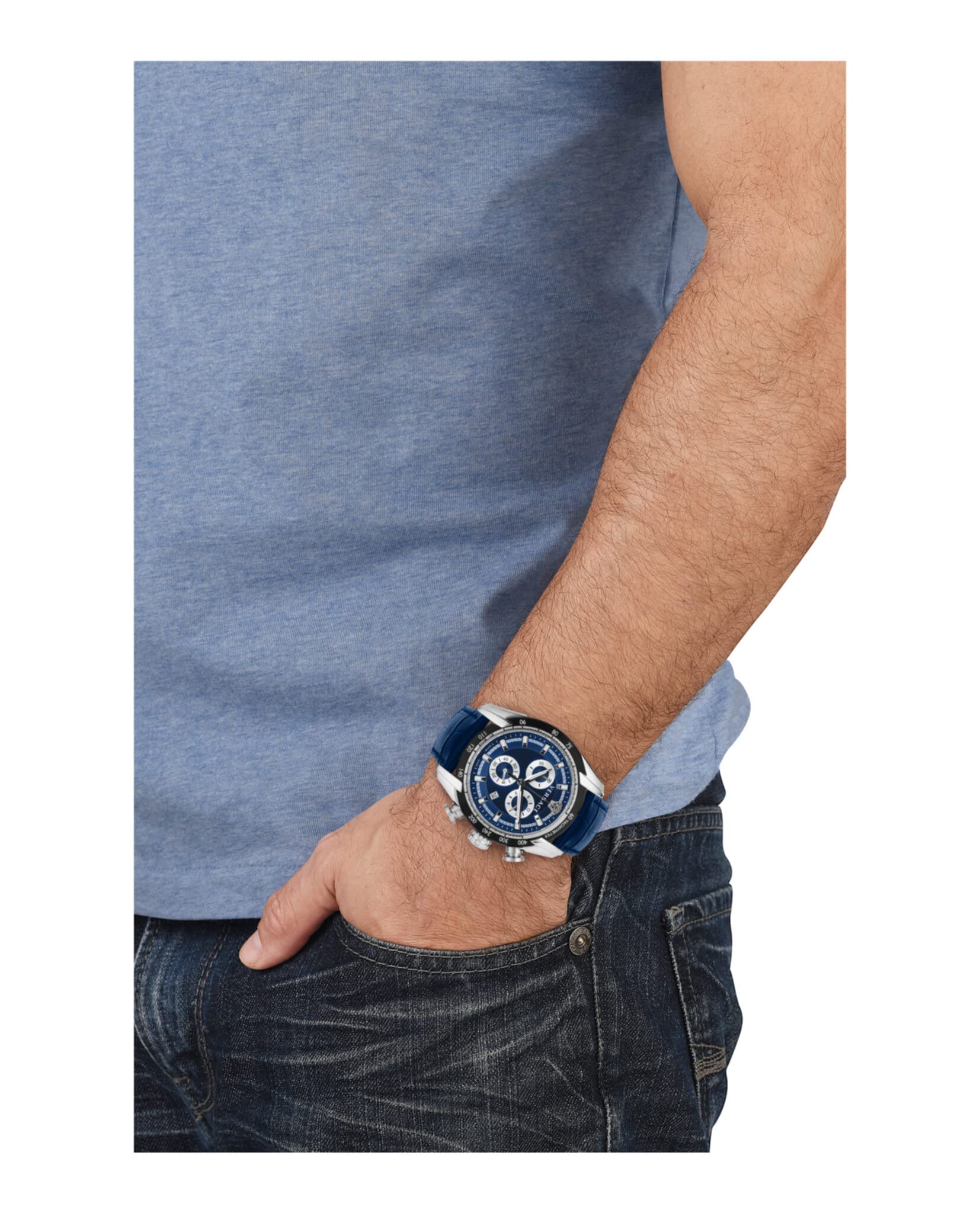 Versace V-Ray Collection Luxury Mens Watch Timepieces with a Blue Strap and Dial Featuring a Stainless Steel Case
