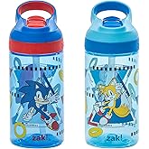 Zak Designs Sonic the Hedgehog Atlantic Kids Water Bottle For School or Travel, 16oz Durable Plastic Water Bottle With Straw, Handle, and Leak-Proof Spout Cover, 2-Pack (Sonic, Knuckles, Tails, Amy)