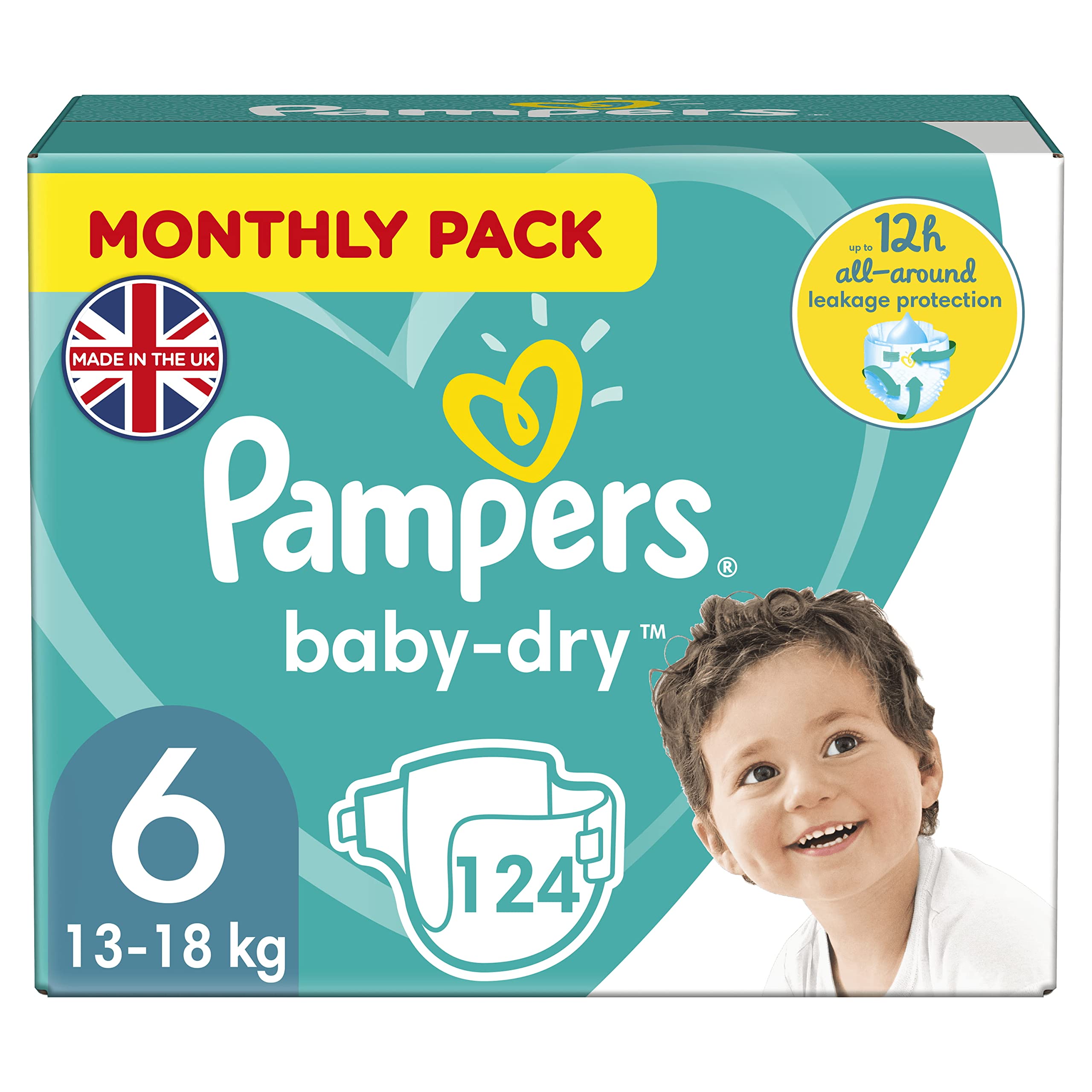 Pampers Baby Nappies Size 6 (13-18 kg/29-40 Lb), Baby-Dry, 124 Nappies, Monthly Savings Pack, Up to 12h of All-Around Leakage Protection