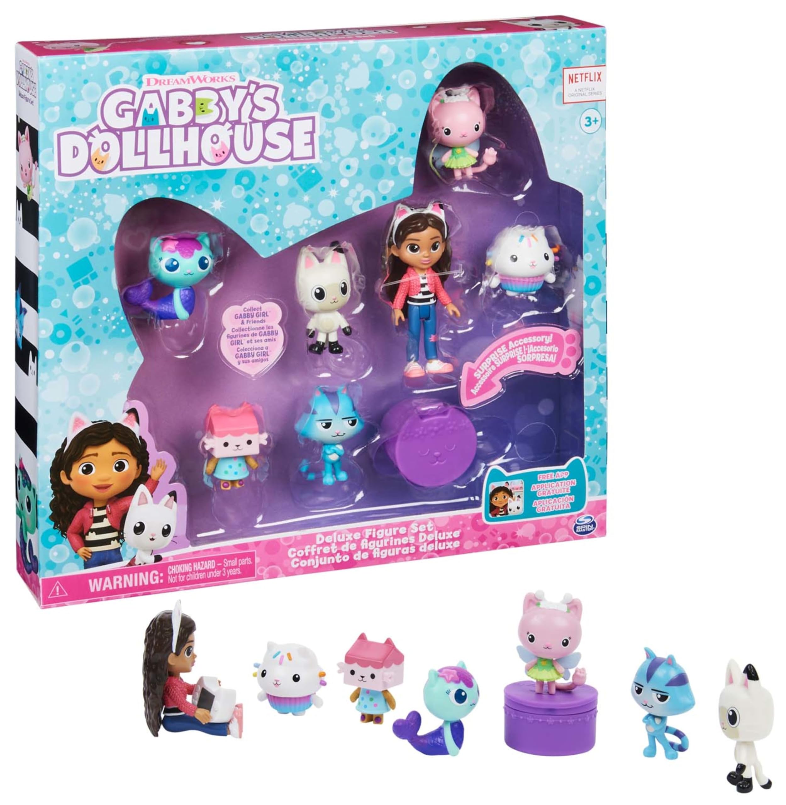 Gabby’s Dollhouse, Deluxe Figure Gift Set with 7 Toy Figures and Surprise Accessory, Kids’ Toys for Ages 3 and above, 9cm (Gabby) und 4-5,5cm (Katzen)