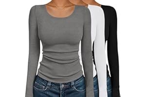 Ekouaer Womens Long Sleeve Shirts 3 Packs Scoop Neck Ribbed Tops Fitted Thermal Undershirt Soft Layering Tees XS-XXL