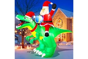 ZUKAKII 9x7FT Christmas Inflatables Santa Ride on Dinosaur with LED Outdoor Christmas Dinosaur Inflatable Blow Up Yard Decorations with Sandbags Stakes Strings for Garden Decor