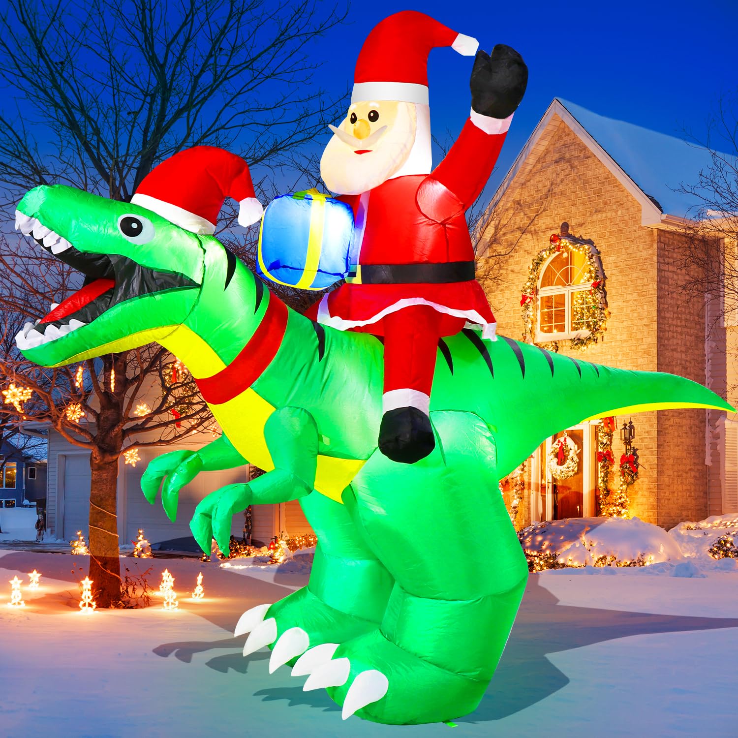 9x7FT Christmas Inflatables Santa Ride on Dinosaur with LED Outdoor Christmas Dinosaur Inflatable Blow Up Yard Decorations with Sandbags Stakes Strings for Garden Decor Image