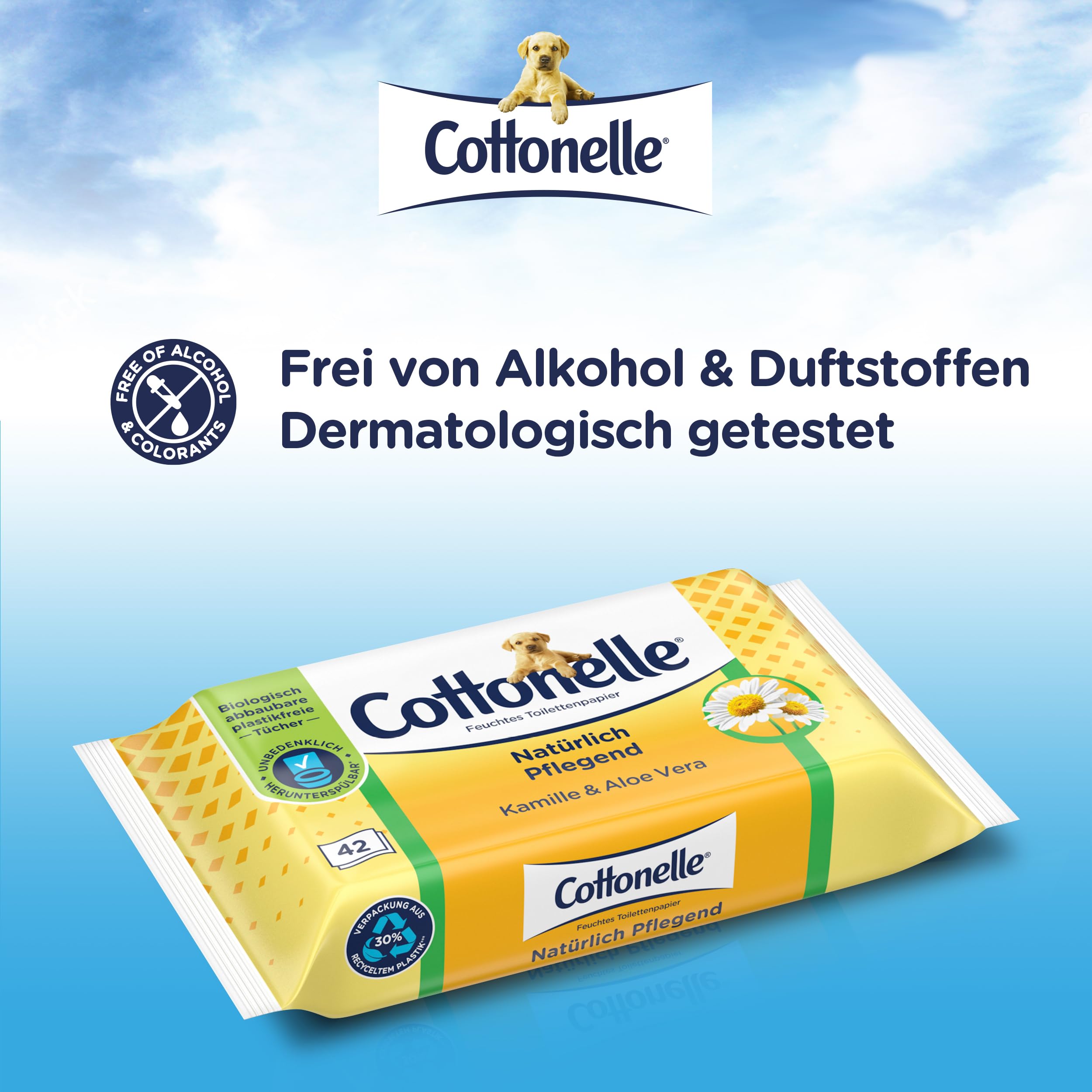 Cottonelle Feuchtes Toilettenpapier, Natürlich Pflegend - Kamille & Aloe Vera, Biologisch Abbaubar, Plastikfrei, Wiederverschließbar, Vorteilspack, 12 x 42 Feuchttücher 4