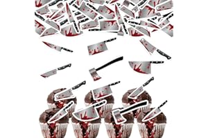 Fyeoxle 45PCS Edible Horror Blood Knife Cupcake Toppers Wafer Paper Blood Knife Cupcake Toppers Have a Killer Birthday Cake Picks for Halloween Theme Party Birthday Decor Supplies