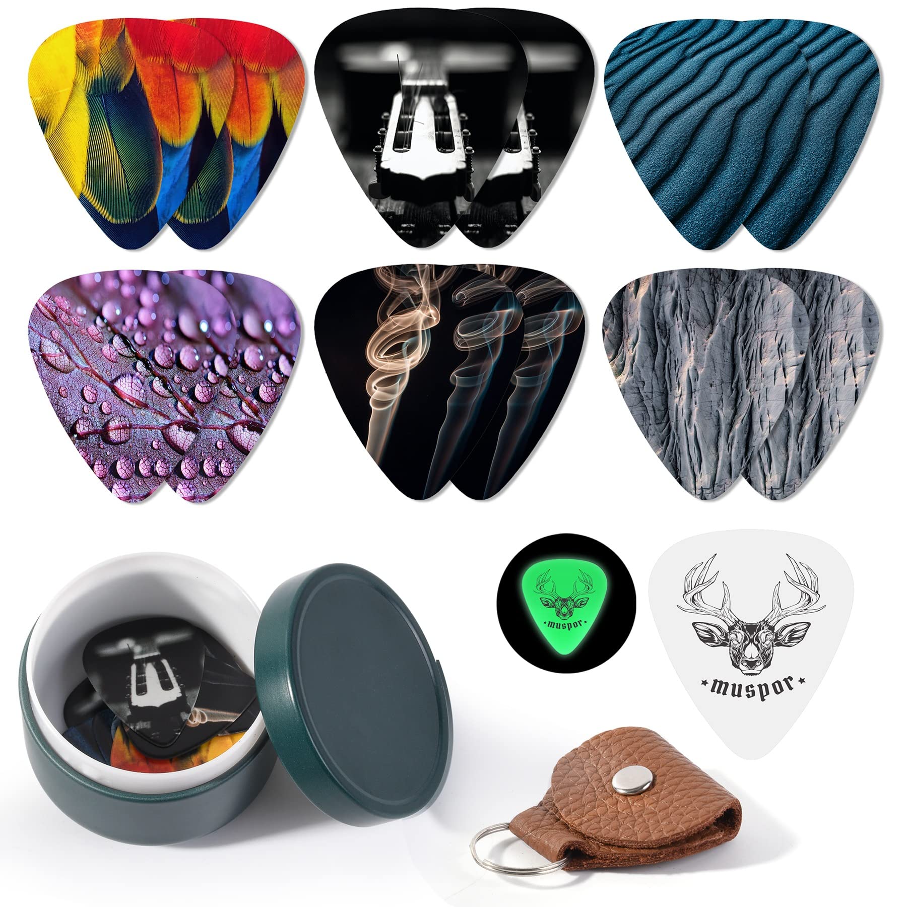 Alnicov Guitar Picks,13 Medium Gauge Celluloid Guitar Picks with a Box and Picks Holder,Perfect for Bass,Electric & Acoustic Guitars (Texture)