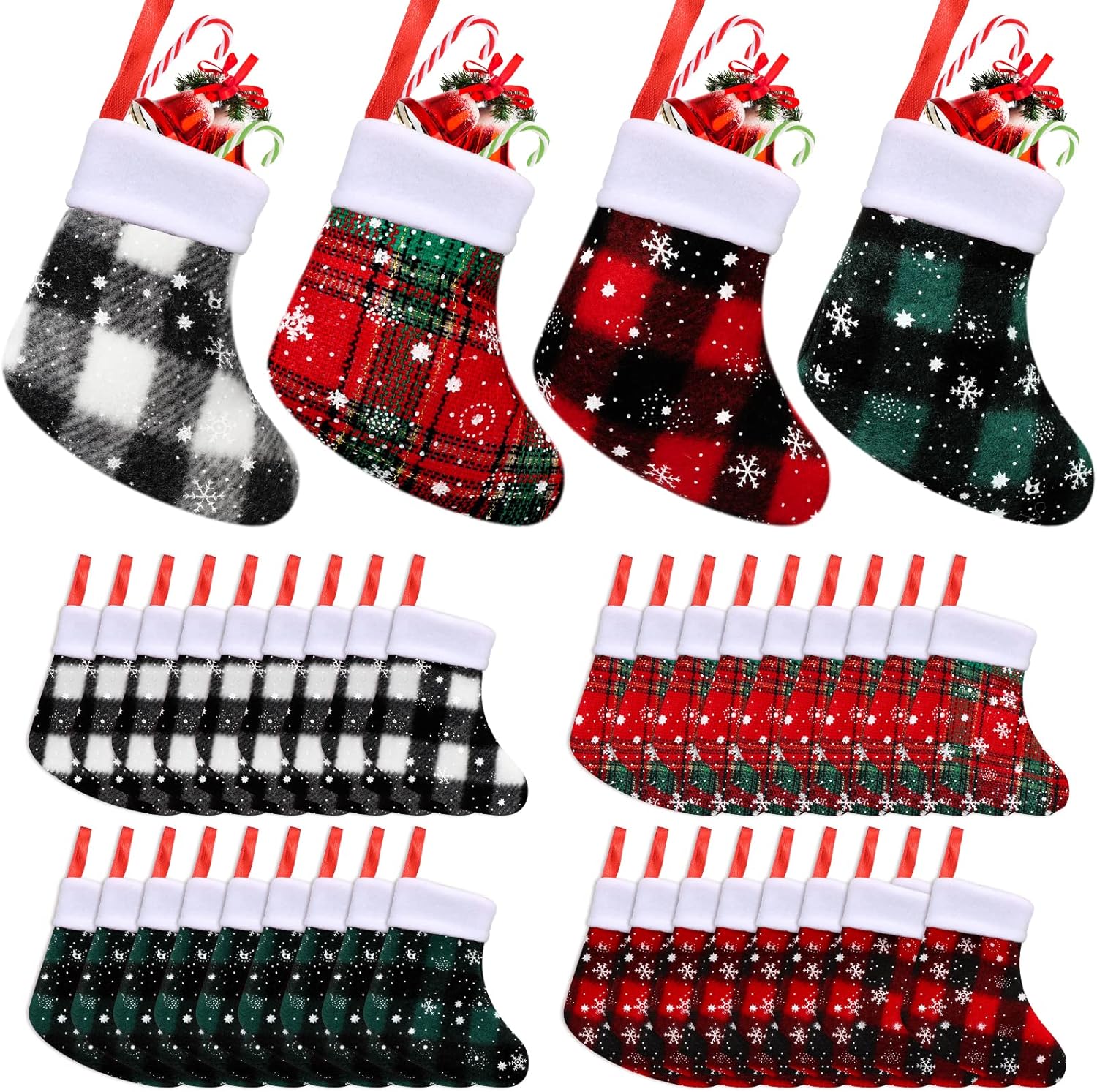 Stockings & Holders - Mini Christmas Stockings Buffalo Plaid Snowflake Stockings with Plush Cuff Christmas Socks Bulk for Christmas Tree Hanging Ornaments Xmas Table Dinnerware Decor (36 Pcs)
