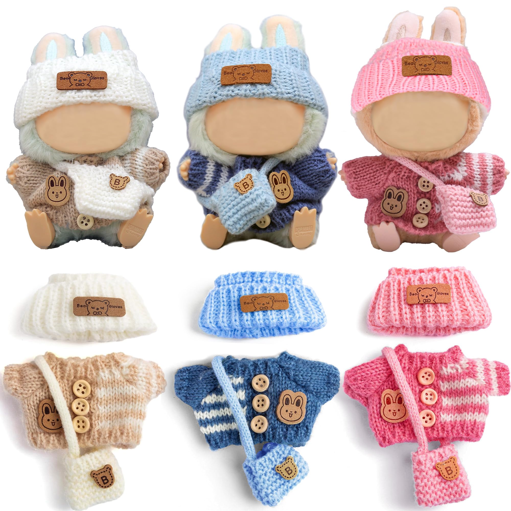 Total 3 Sets Knit 17cm Dolls Clothes and Accessories Include 3 Hat, 3 Sweater, 3 Bags -Soft & Stylish Costume Accessories (Doll Not Included)