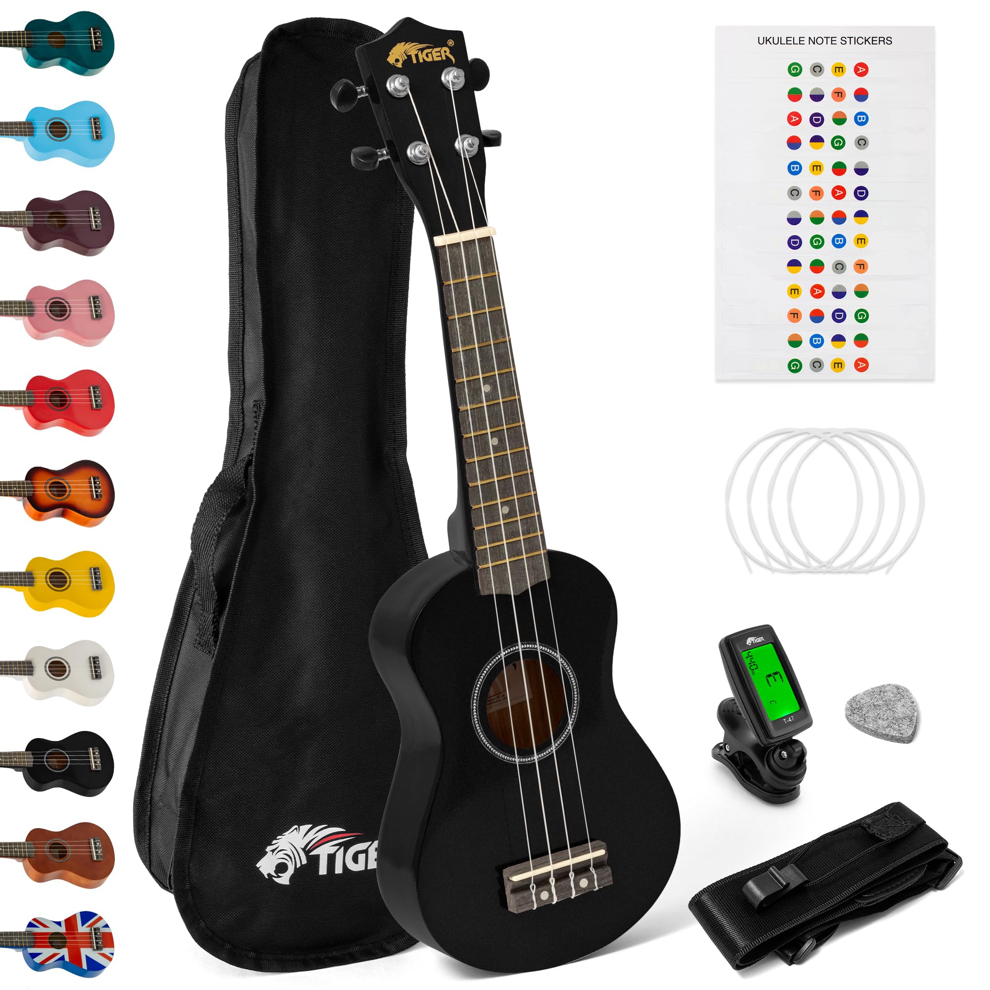 Tiger UKEKIT-BK Soprano Ukulele Kit – Suitable for Beginners and Children – Chromatic Tuner, Strap, Carry Bag, Notes Sticker, Felt Pick, Spare Strings, with Aquila Strings Fitted - Black