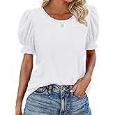 LilyCoco Women Curved Hem Puff Sleeve Tops Casual Elegant Crew Neck T Shirts