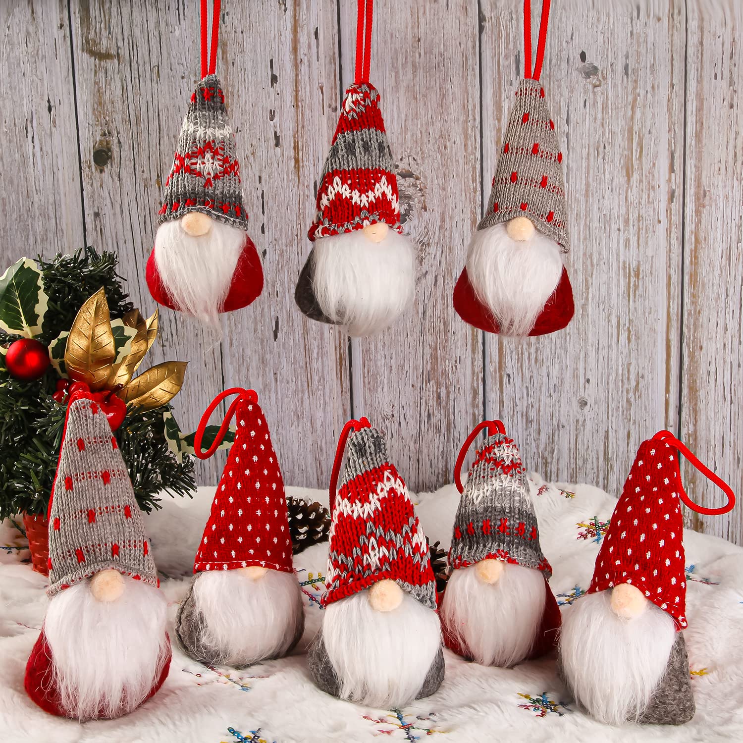 Christmas Gnomes Hanging Ornaments Set of 8, Swedish Gnome Handmade Plush Santa Elves Christmas Tree Hanging Decorations Xmas Decorations