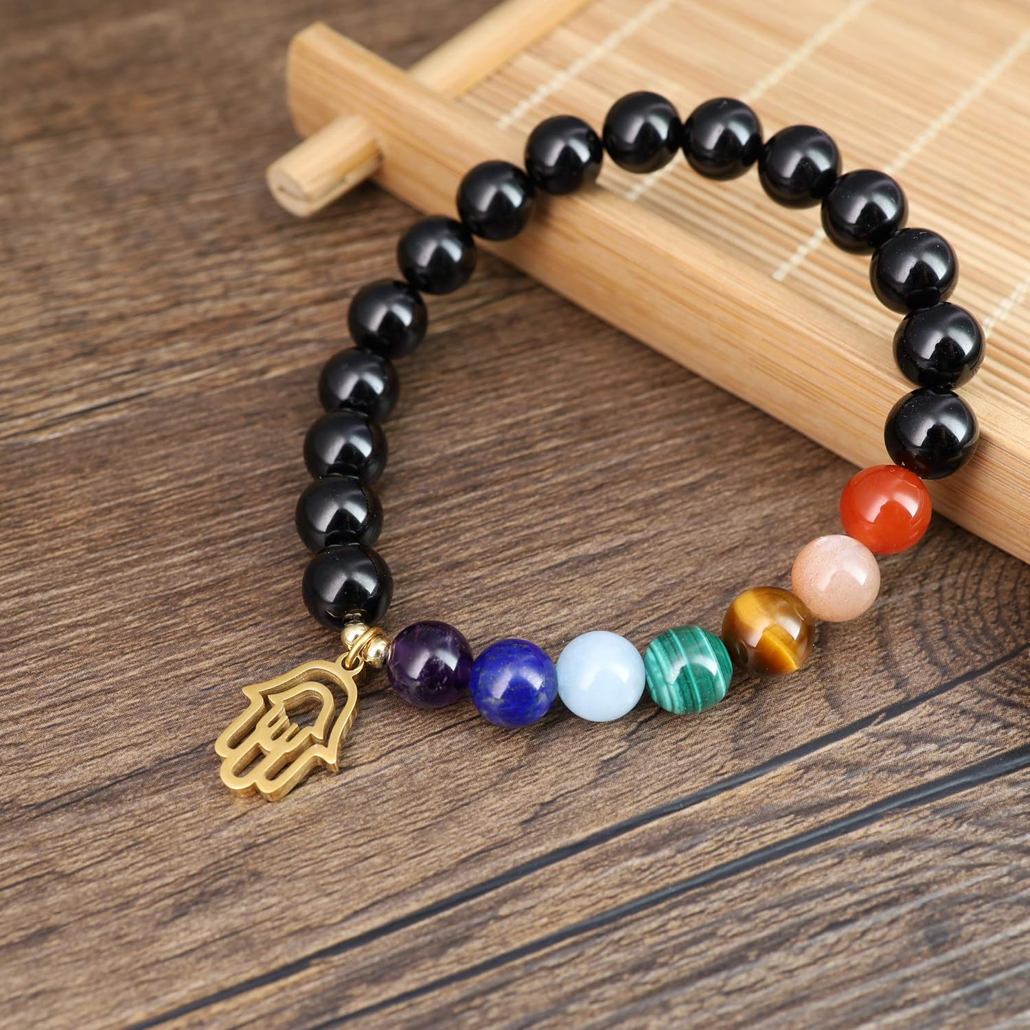 COAI Hamsa Hand Bracelet 7 Chakra Balancing Bracelet Black Tourmaline Bracelet for Women Men, 7 inches - Image 4
