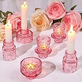 HAVITI 6 PCS Candlestick Holders, Pink Taper Candle Holders, Tealight Candle Holder Glass for Galentines Valentines Wedding Centerpieces Dinner Party Baby Shower Table Decor