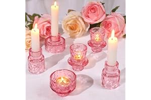HAVITI 6 PCS Candlestick Holders, Pink Taper Candle Holders, Tealight Candle Holder Glass for Wedding Centerpieces Dinner Party Baby Shower Galentines Valentine's Day Table Decor