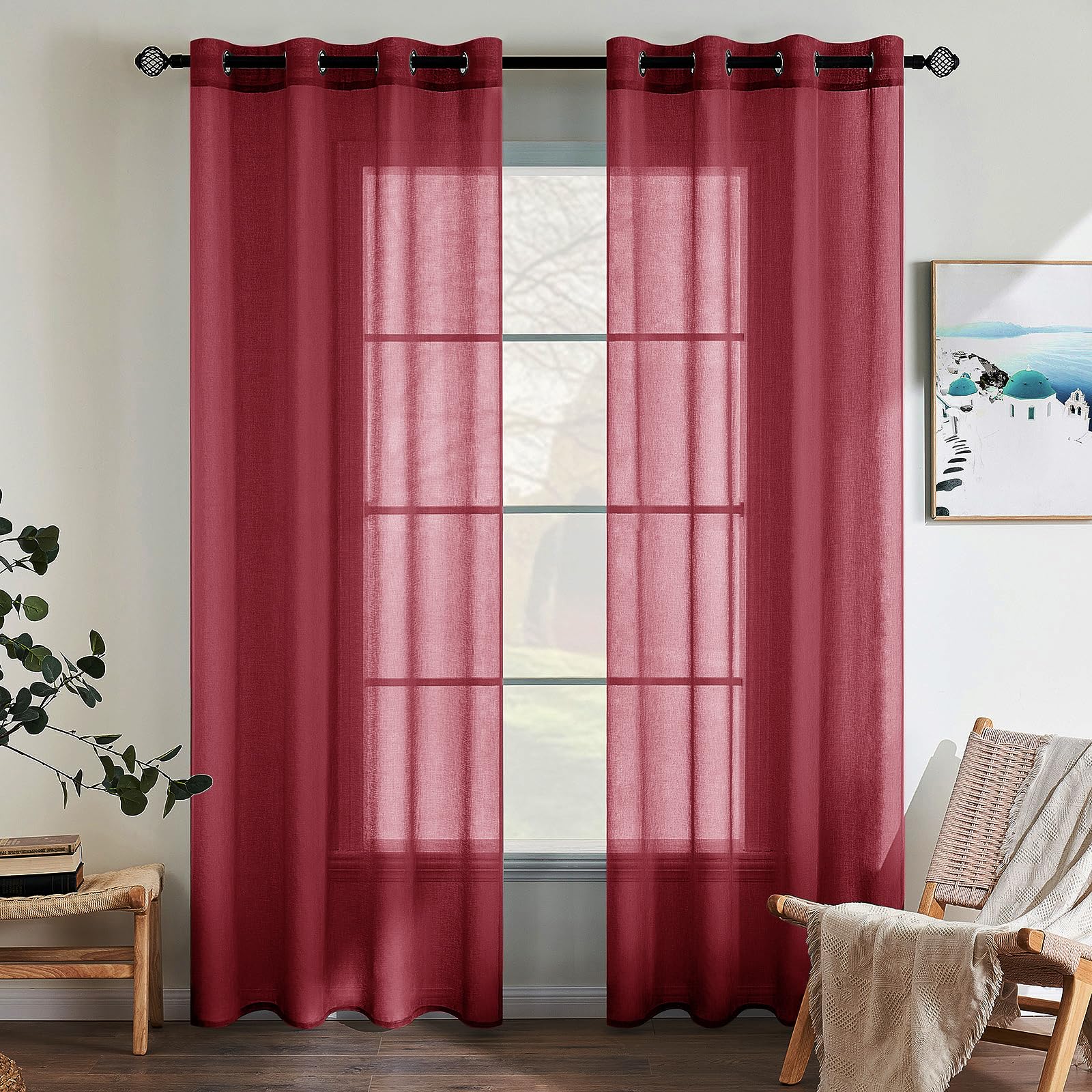 EMEMA Set of 2 Sheer Voile Curtains with Eyelets Transparent Voile Polyester Eyelet Curtain Transparent Living Room Airy Decorative Curtain for Bedroom 140 x 137 cm Red