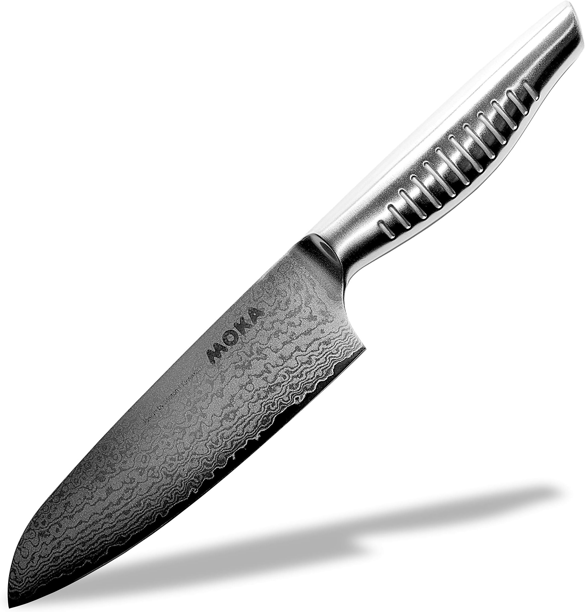 Seki Japan Kitchen Utility Knife, Small Japanese Santoku Knife, Damascus forged 5.9-inch (150mm) granton edge knife