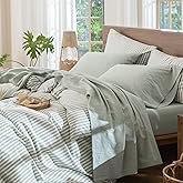 MooMee Bedding Sheet Set 100% Washed Cotton Linen Like Textured Breathable Durable Soft Comfy (Heathered Sage Green, Queen)