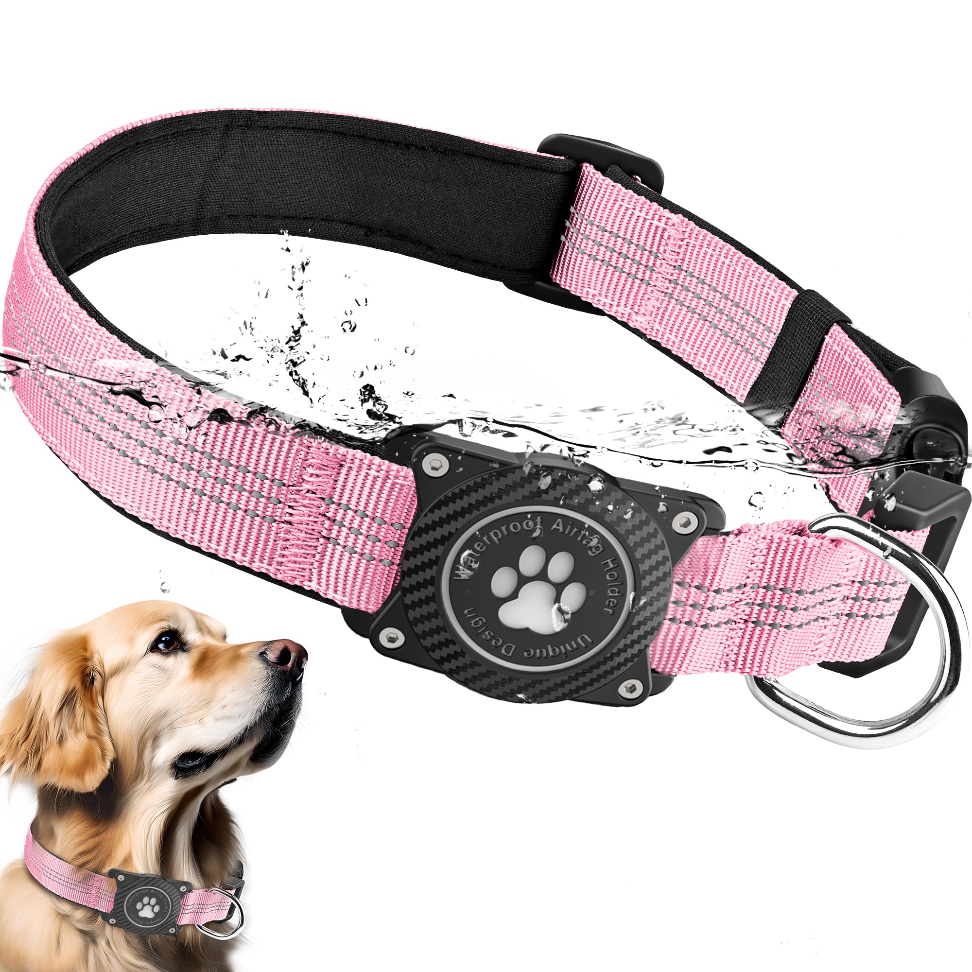 Ytanest Reflective AirTag Dog Collar, Waterproof Air Tag Dog Collar Holder, Luminous,Comfortable and Durable Padded Heavy Duty Dog Collars for Small Medium Large Dogs, Pink, M