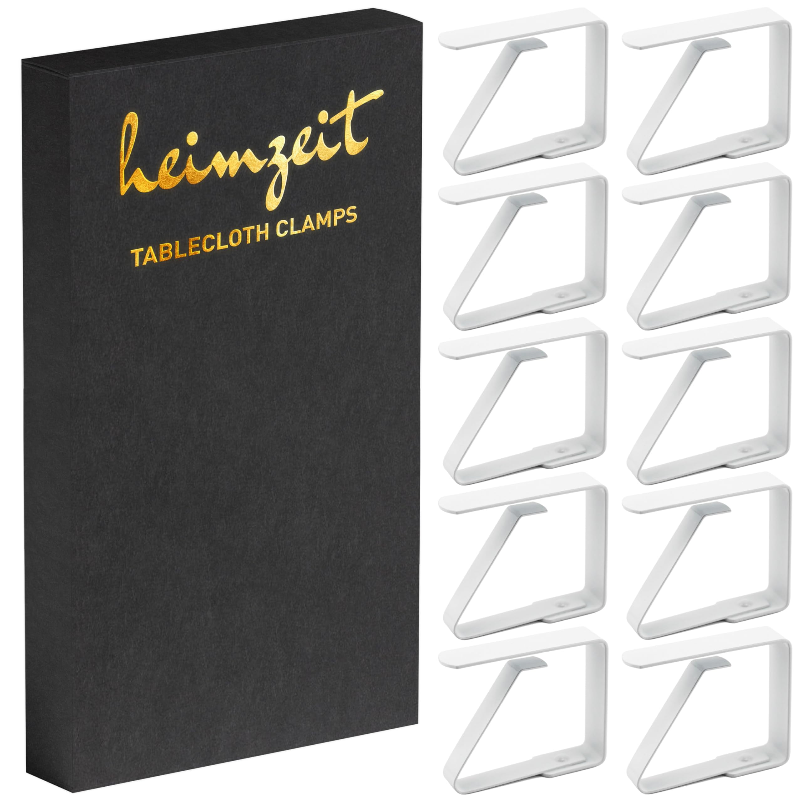 heimzeit Tablecloth Clips made of Stainless Steel [10 Pieces, 4 cm] Color: White, Table Cloth Holders for Outdoor and Indoor Use, For Tables with a max Thickness of 3 cm