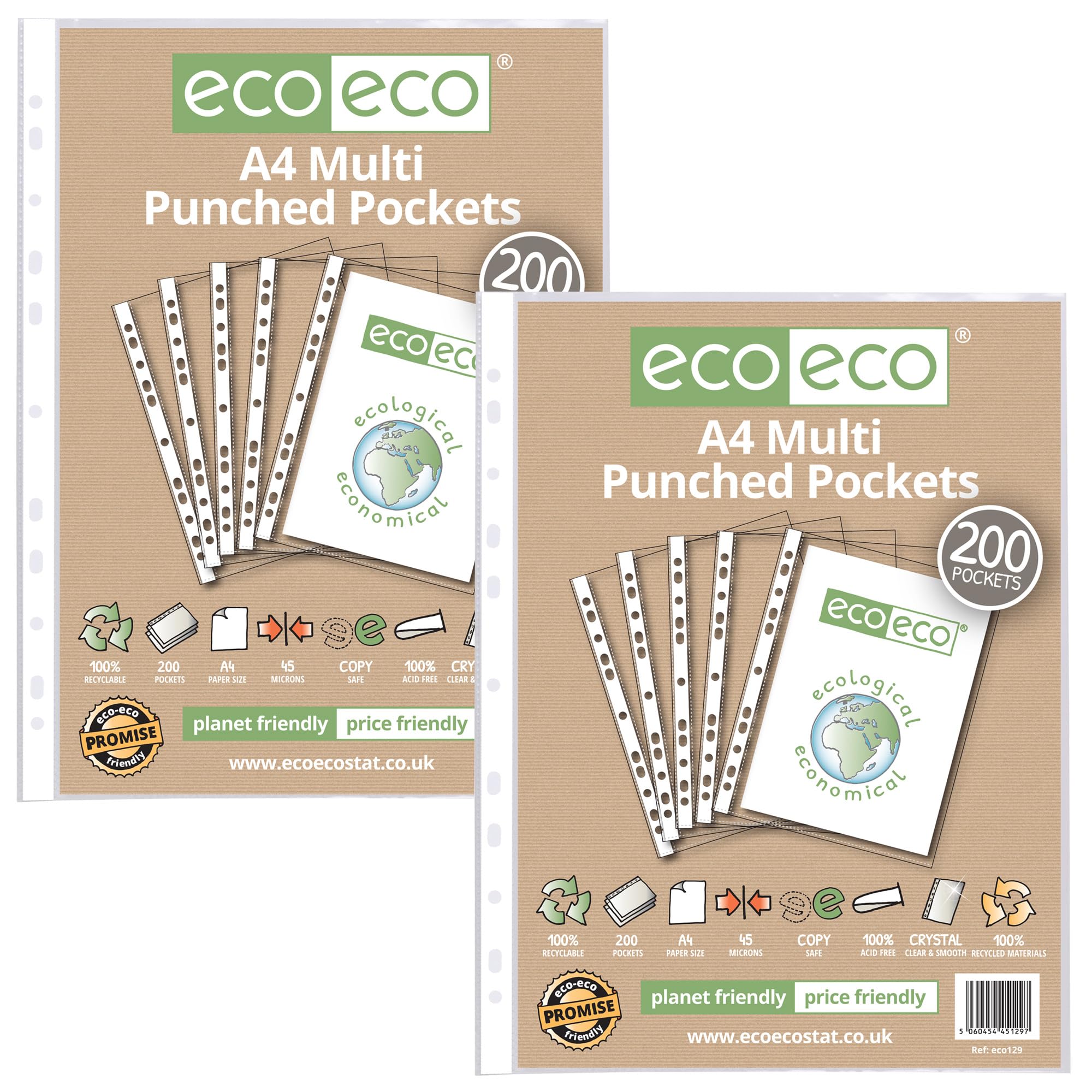 eco-eco A4 100% Recycled Multi Punched Pockets Glass Clear, Transparent Poly Wallet Sheet Protector, 45 Microns, 200 Wallets, eco129x2, 400 Pockets