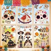 Dia De Los Muertos Decorations Window Clings Day of The Dead Stickers Decor | 9 Sheets Sugar Skull & Halloween Window Decals, Skeleton Musical Decor for Mexican Fiesta Home Office Holiday Indoor Party
