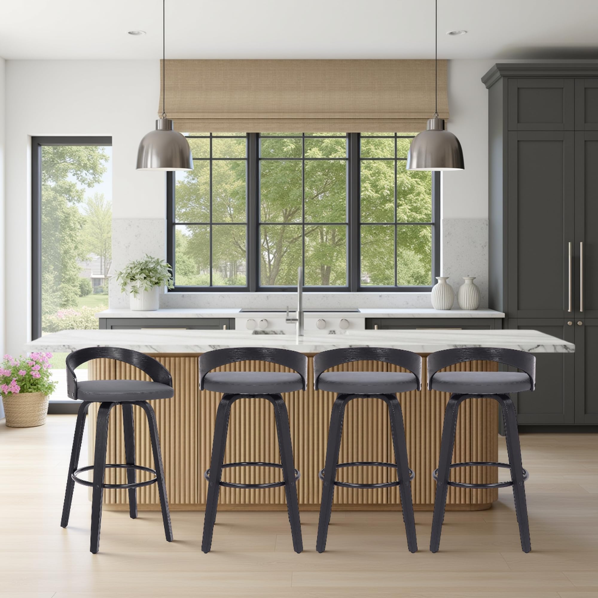 Armen Living Sonia 26″ Counter Height Swivel Gray Faux Leather and Black Wood Bar Stool – Set of 3