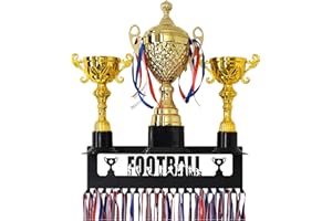 GENERIC1 MOOH Sports Medal Hanger Display - 16.5" Football Medal Holder with Trophy Shelf (Holds 20 Medals) - Sturdy Metal Award, Trophy and Medal Display Shelf - Wall Mounted Medal Rack - Black, Football