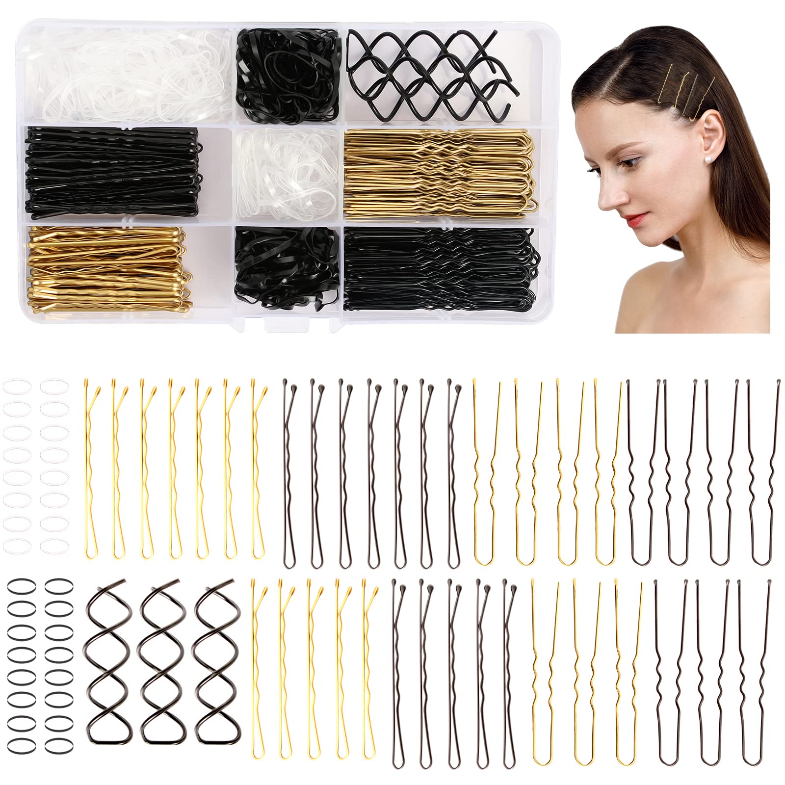 363Pcs Bobby Pins Kit, 100Pcs Hair Pins for Women, 100Pcs U Shape Hair Pins, 160Pcs Elastic Hair Bands, 3Pcs Spiral Hair Pins with Storage Box for Thick Hair Invisible Wave Hairgrip