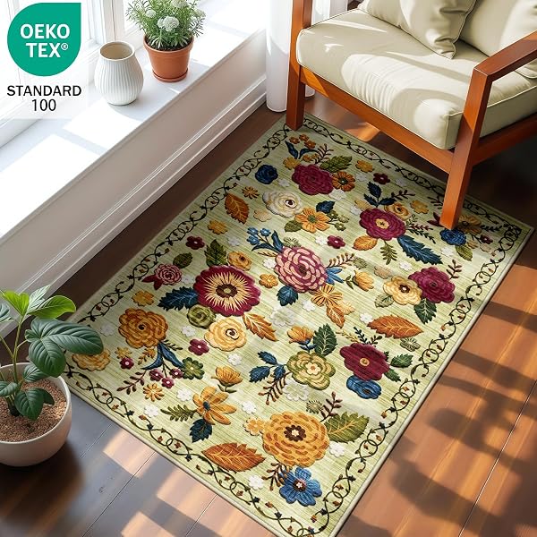 2X6 MACHINE WASHABLE RUNNER RUG, KITCHEN HALLWAY AREA RUG GREEN VINTAGE BOHO FLORAL ULTRA NON-SLIP LOW PILE SOFT FAUX WOOL CARPET, KIDS AND PETS FRIENDLY FOR BEDROOM ENTRYWAY NURSERY HOME DECOR RUG