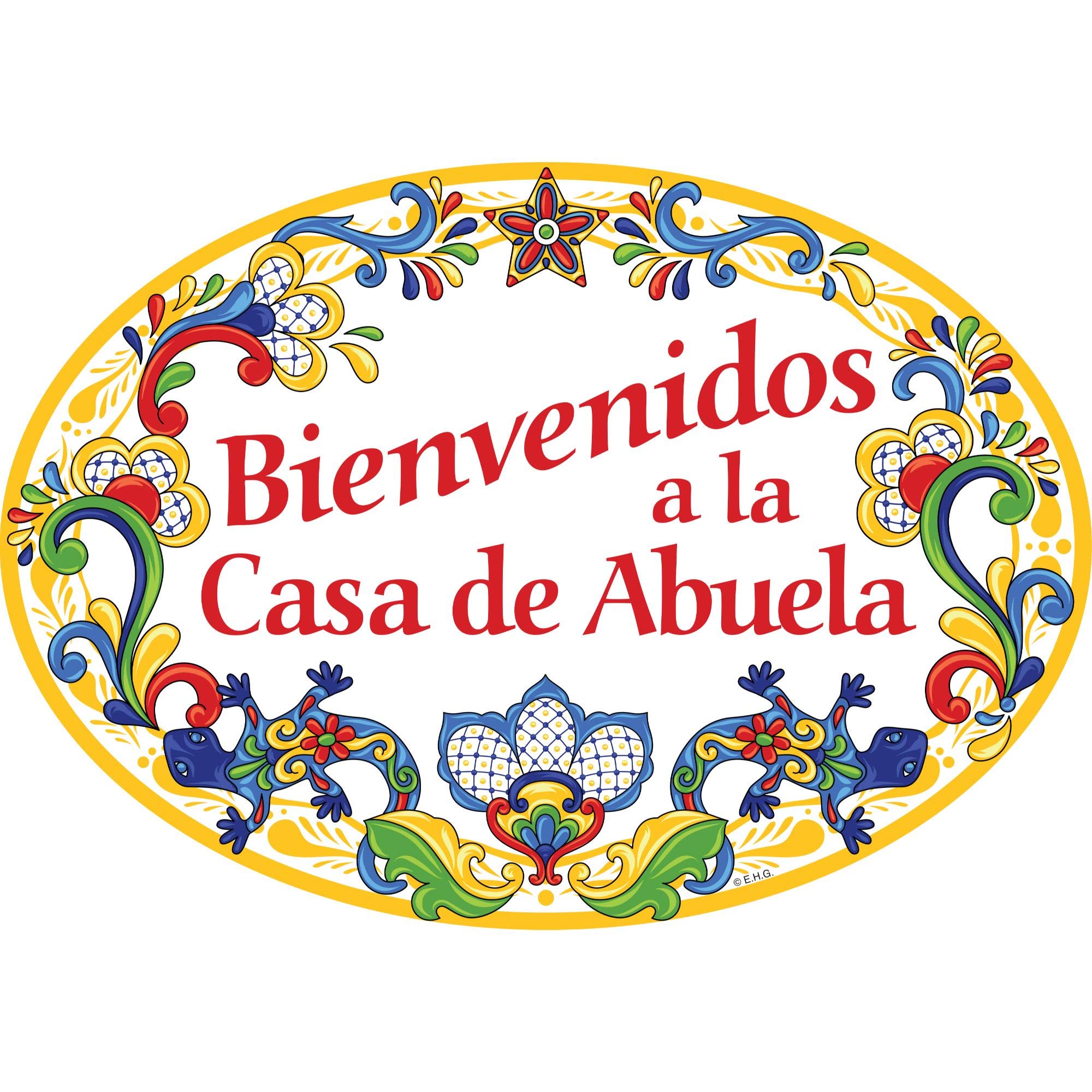 "Bienvenidos a La Casa de Abuela" Traditional Artwork Spanish Sign Welcome to the Home of Grandma Regalo Gift 11x8 inches Ceramic Front Door Sign with Cactus & Yellow Motif by E.H.G.