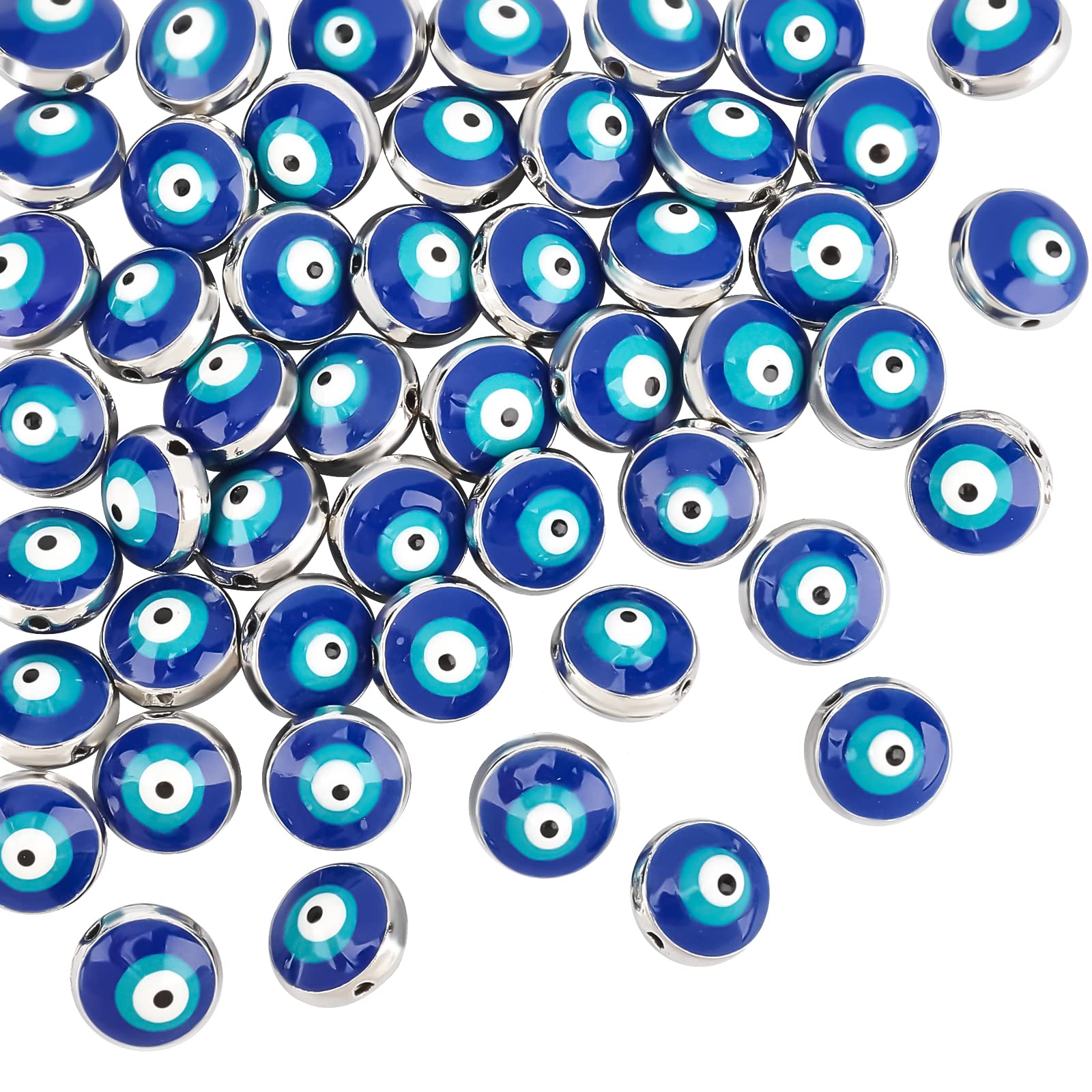 NBEADS 40-50 Pcs Evil Eye Beads, 10mm Flat Round Blue Eye Beads Handmade Enamel Beads for Bracelets Necklace Jewelry Making, Hole: 1.2mm
