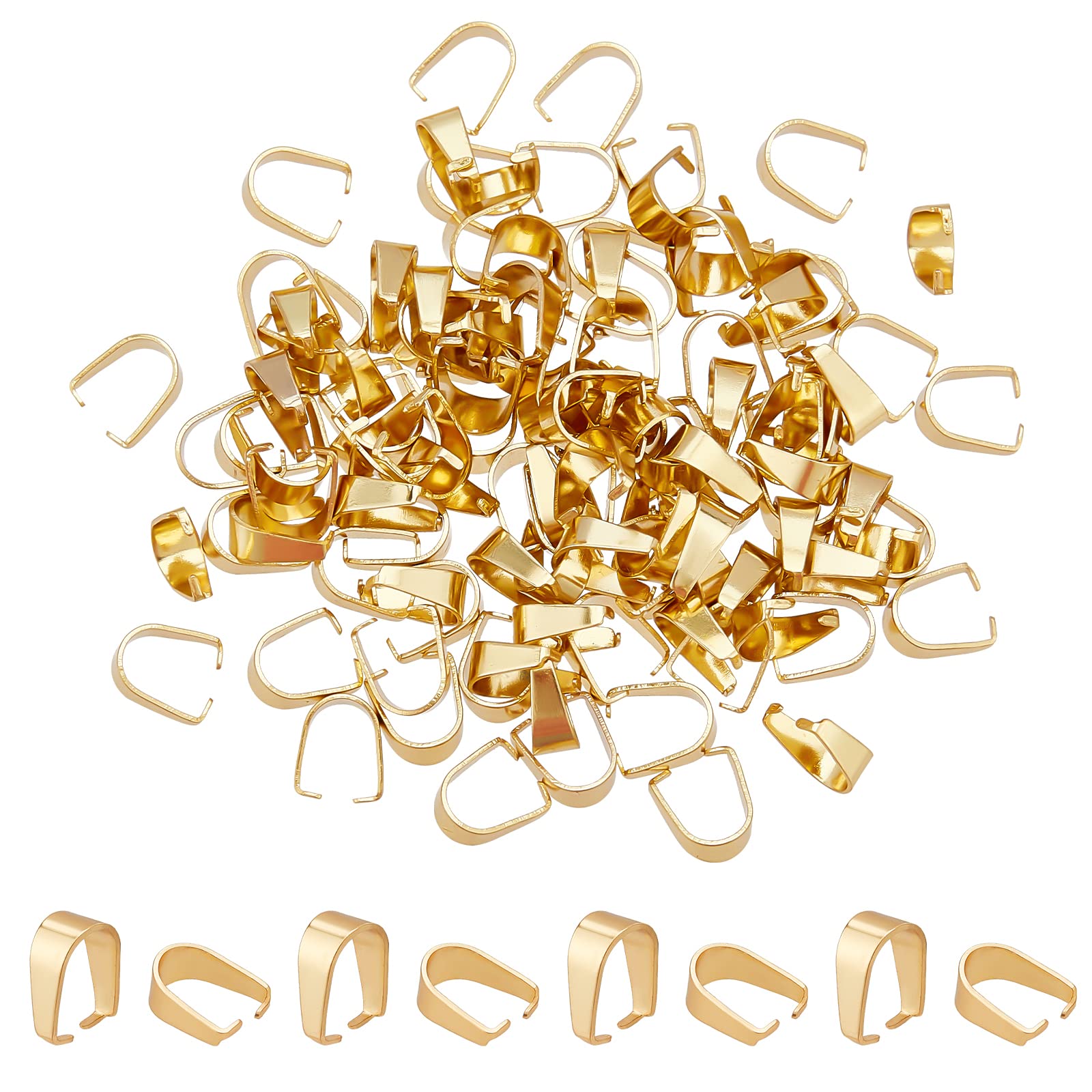 NBEADS 120 Pcs 304 Stainless Steel Snap on Bails, 18K Gold Plated Pendant Connector Clasps Pinch Clip Dangle Pendant Bails for DIY Jewelry Charms Craft Making