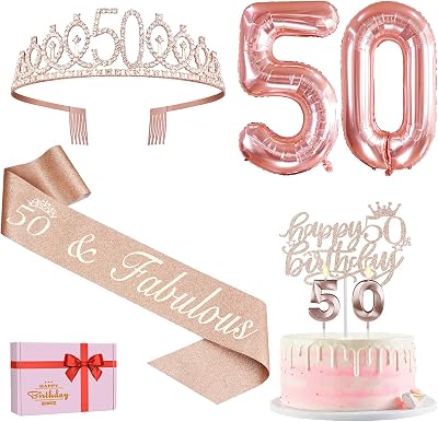 Amosking 50th Birthday Decorations Kit - Sash, Tiara, Balloons & Cake Topper