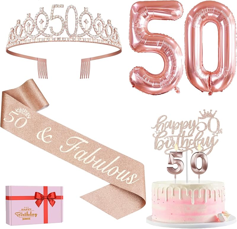 Amosking 50th Birthday Decorations Kit - Sash, Tiara, Balloons & Cake Topper